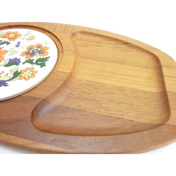 Vintage Wooden Cheeseboard Floral Ceramic Tile Cheese Board Dolphin Teakwood - Picture 3 of 5